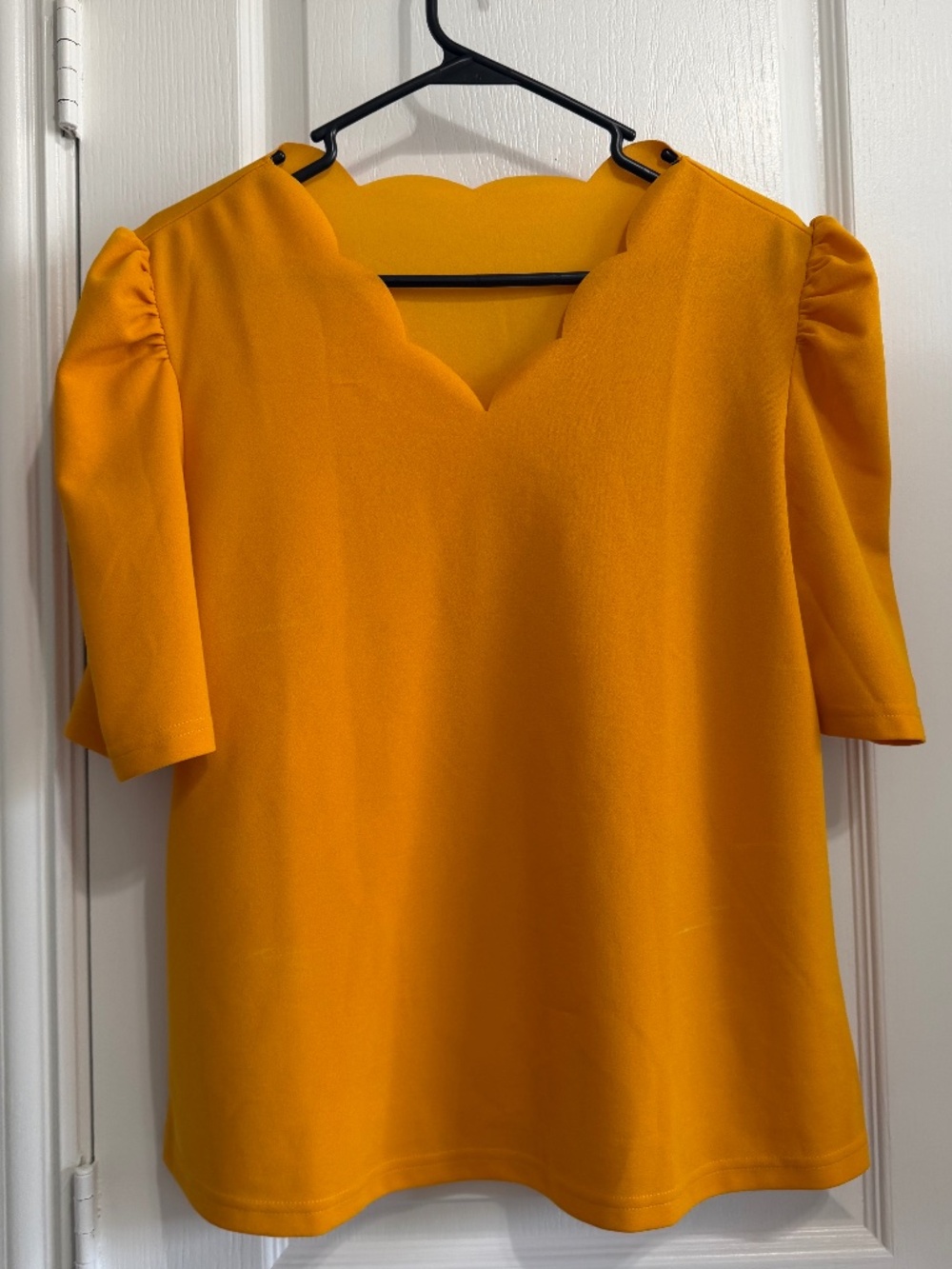 Mustard Yellow Scalloped Neckline Puff Sleeve Blouse